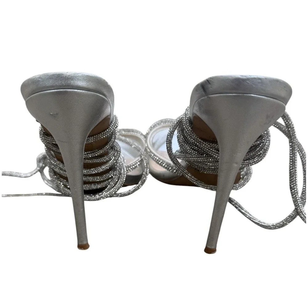 ALDO Silver Rhinestone Lace Up Heels 8 Pointed Toe PVC Bow Stiletto Pumps